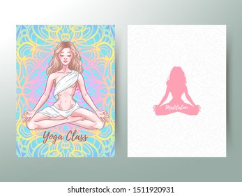 Young meditating yogi woman in lotus pose, yoga classes advertisement, banner. Vector illustration