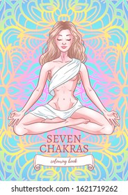 Young meditating yogi woman in lotus pose on mandala background. Adult coloring book title page design. Vector illustration