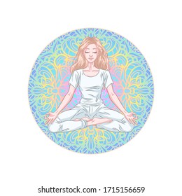 Young meditating yogi woman in lotus pose isolated on colorful mandala background. Vector illustration