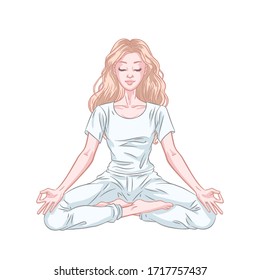 Young meditating yogi woman in lotus pose isolated on white background. Vector illustration
