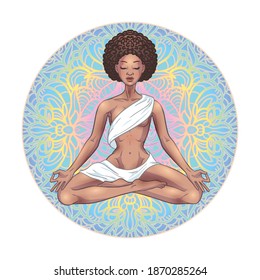 Young Meditating Yogi Woman In Lotus Pose On Mandala Background. Beautiful Black African American Girl. Vector Illustration