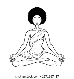 Young meditating yogi woman in lotus pose isolated on white. Beautiful black African American girl. Vector illustration