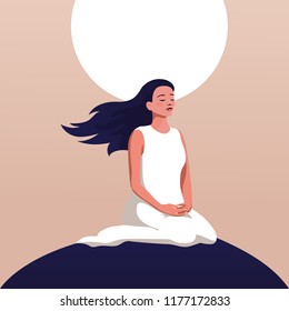 Young meditation girl. Soul harmony illustration in flat style.