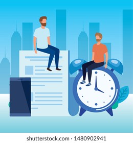 young men with alarm clock