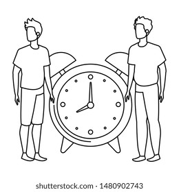 young men with alarm clock characters