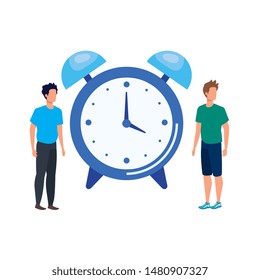 young men with alarm clock characters