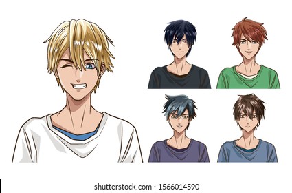 young men anime style character vector illustration design