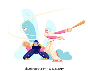 Young Men Athlete Characters in Uniform Playing Baseball at Championship Competition. Batter Hitter Hitting Ball and Catcher Prepare to Get it. Sport Players in Action Cartoon Flat Vector Illustration