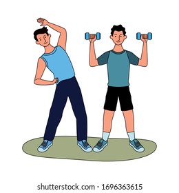young men athletes practicing exercise characters vector illustration design