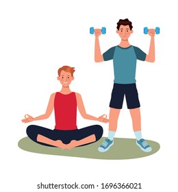 young men athletes practicing exercise characters vector illustration design