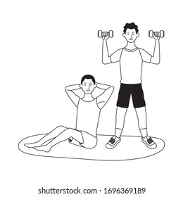 young men athletes practicing exercise characters vector illustration design