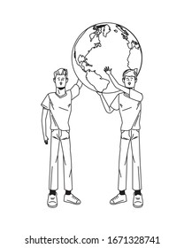 young men avatars lifting world planet characters vector illustration design