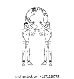 avatares de hombres jóvenes levantando personajes del planeta mundial ilustración vectorial diseño