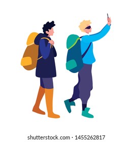 young men with backpack hiking using mobile