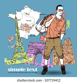 Young men with bag and glasses in sketch-style on a french-background. Vector illustration.
