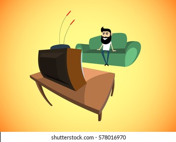 young men with beard relax on sofa and look tv