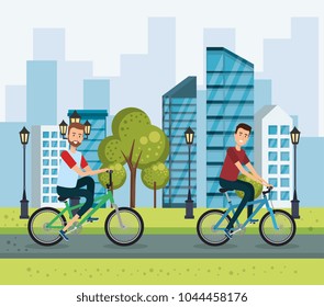 young men with bicycle in the park
