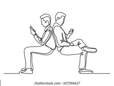 Young Men Browsing Cell Phones - Single Line Drawing