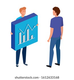 young men and button with bars statistical graph vector illustration design