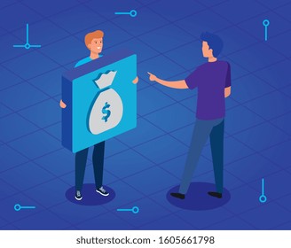 young men and button with money bag vector illustration design