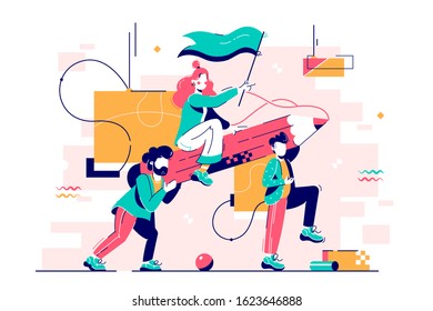 Young men carry attractive girl on big pencil for teamwork. All as one concept of businessman and businesswoman characters working at project together. Vector illustration.