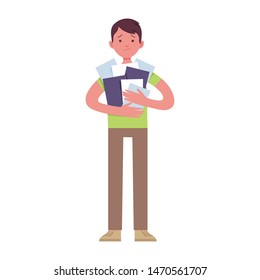 young men carry stacks of paper, the concept of overwork and tired of work, men with shocked faces and carrying paper bills
