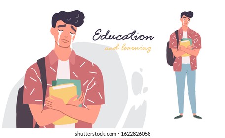 Young men in casual clothes with backbackpacks and books crying. Exhausted teenager. man in depression. Vector illustration