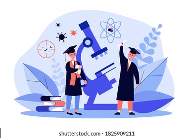 Young men celebrating graduation. Students in caps with tassels, diploma, microscope flat vector illustration. Science, knowledge, learning concept for banner, website design or landing web page