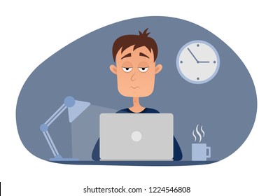 Young men character sitting at a laptop and working overtime late night. Freelance work. Flat vector illustration. Isolated on white background.