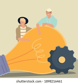 young men characters with bulb and gear vector illustration