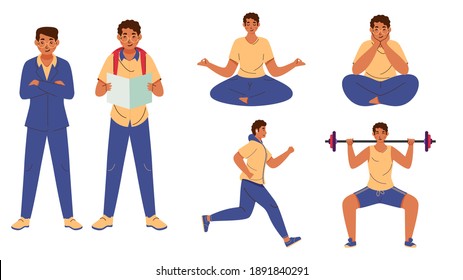 Young Men Characters In Different Poses Doing Things On White Background.