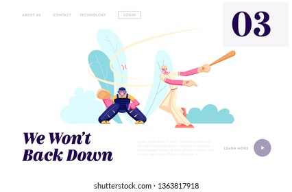 Young Men Characters Playing Baseball at Championship Competition. Batter Hitting Ball, Catcher Prepare to Catch, Sport Players Website Landing Page, Web Page. Cartoon Flat Vector Illustration, Banner