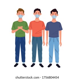 Young men characters using medical masks. Vector illustration design.