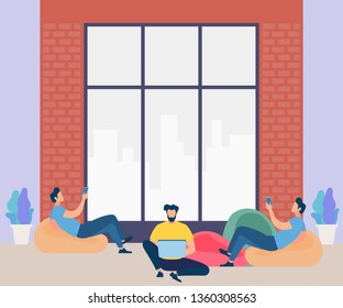 Young Men Characters Working, Rest and Study Together. Freelancer Activity in Coworking Space. Businesspeople Work by Laptop and Gadgets in Creative Shared Workplace. Cartoon Flat Vector Illustration