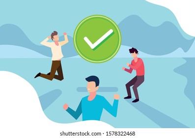young men with checkmark, approval symbol vector illustration design
