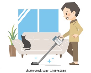 Young men cleaning the living room