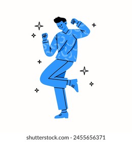 Young men in clothing dancing. Cartoon style characters. Hand drawn trendy Vector illustration. Isolated design elements. Doodle man dancing. Stylized cartoon man at the party concept 