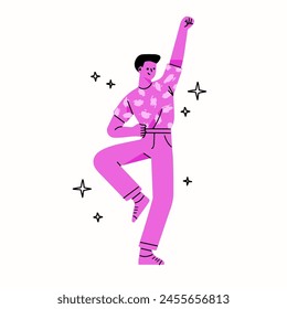 Jóvenes bailando en ropa. Personajes de dibujos animados. Ilustración vectorial de moda dibujada a mano. Elementos de diseño aislados. Doodle hombre bailando. Hombre de dibujos animados estilizado en el concepto de fiesta 