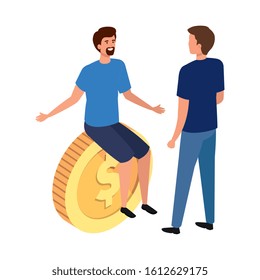 young men with coin isolated icon vector illustration design