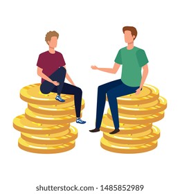 young men with coins dollars characters