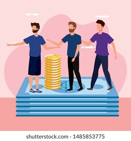 young men with coins dollars characters