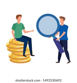 young men with coins dollars characters
