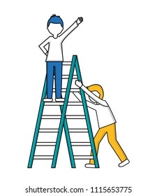 young men with construction ladder isolated icon