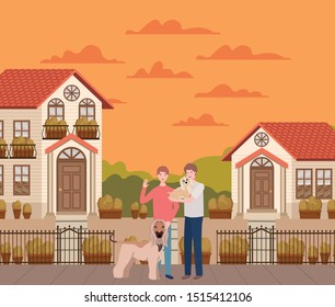 young men with cute dogs mascots in the autumn city scene