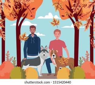 young men with cute dogs mascots in the autumn camp