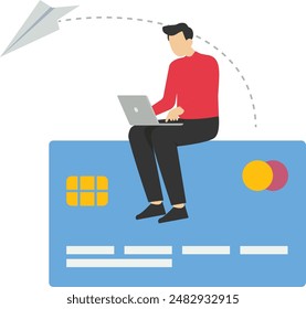 jóvenes con tarjeta de débito. Concepto de pago en línea. concepto de compra en línea aislado sobre fondo blanco. Una tarjeta de débito o concepto de negocio de pago sin contacto. Ilustración vectorial plana.