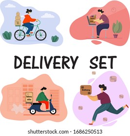 Jóvenes entregando bienes en cajas en una bicicleta, ciclomotor, a pie. Empleados del servicio de envío. Clientes que realizan compras en línea. Conjunto de ilustraciones.