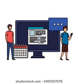 young men with desktop and calendar characters