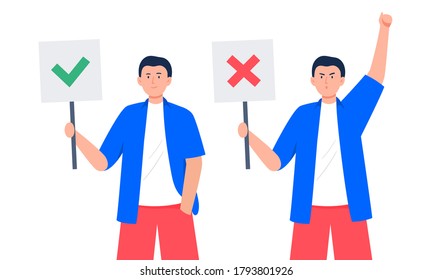 Young men with different emotions hold banners. Agreeing and disagree signs. Support and disagreement concept. Trendy vector flat illustration.