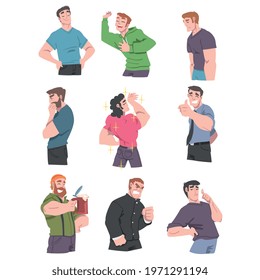 Young Men with Different Emotions Set, Happy, Thoughtful, Angry, Upset, Narcissistic Men, Human Emotions and Feelings Concept Cartoon Vector Illustration